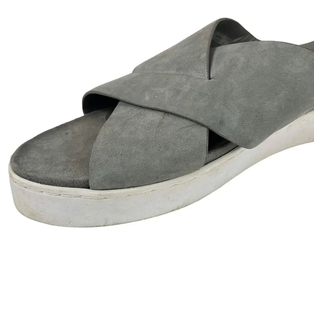Vionic Lou Gray Wide Criss Cross Strap Slides Genuine Leather Platform Sandals 9
